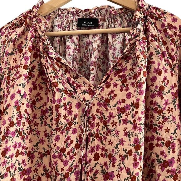 Vici Floral With Pink Tassels Bell Sleeves Rayon Boho Top Size Extra Large - Picture 5 of 13